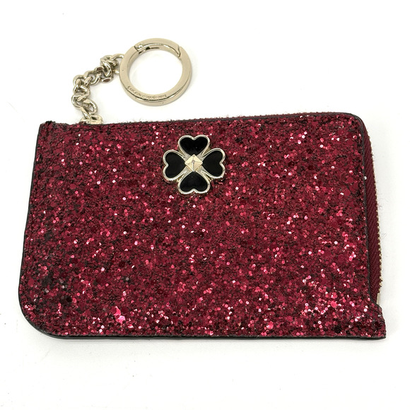 Kate Spade Glitter Card Holder Key Chain 4 Leaf Clover L-Zip Wallet Red Odette - Picture 1 of 4